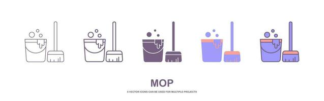 Mop and bucket, cleaning outline icons. Vector illustration. Editable stroke. Isolated icon suitable for web, infographics, interface and apps.