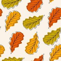 Seamless forest pattern with autumn oak leaves in line art, flat style. Vector illustration.