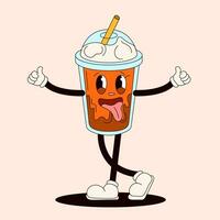 Groovy coffee character shows thumbs up. Vintage mascot in doodle style. Vector illustration isolated on a peach background.