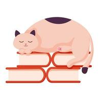 Cat character sleeping on books. Vector kitten icon, logo cartoon flat illustration design.