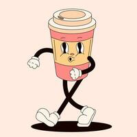 Retro groovy character in the form of a disposable cup. Walking cartoon masco. Hand drawn vector illustration isolated on a peach background.