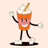 Groovy drink character in shape of disposable coffee cup. Retro cartoon person. Vector illustration isolated on a peach background.