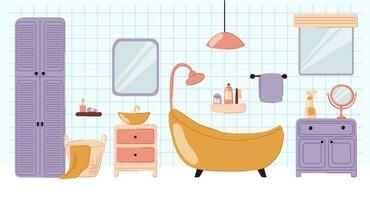 Bathroom interior design in a doodle style. Vector illustration of bathroom with bath, sink, mirror, laundry basket, window.