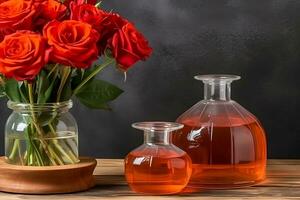 AI generated rose flower and glass of bottle essential oil or rose water with rose petals, spa and aromatherapy cosmetic concept. Neural network AI generated photo