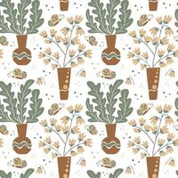 Floral seamless pattern with bunches in vases on white background. Hand drawn flat abstract flowers, leaves in vases. Trendy retro print design for textile, wallpaper, interior, wrapping paper vector