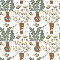 floral sin costura modelo con racimos en floreros en blanco antecedentes. mano dibujado plano resumen flores, hojas en jarrones de moda retro impresión diseño para textil, fondo de pantalla, interior, envase papel vector