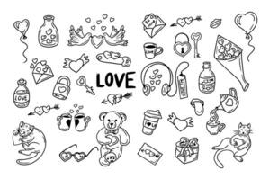 Valentines day hand drawn doodle set with related items. Hearts, cards, love potion, cups, cats and pigeon. Love contour concept drawing. Perfect for tattoo, sticker, decoration, printout. vector