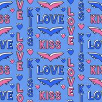 Retro pattern with 3d words LOVE and Kiss in 90s style. Three dimension words with hearts on blue background. Perfect for Valentines decoration, background. Valentines day concept vector