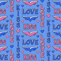 Retro pattern with 3d words LOVE and Kiss in 90s style. Three dimension words with hearts on blue background. Perfect for Valentines decoration, background. Valentines day concept vector