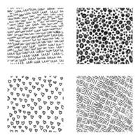 Set of abstract hand drawn ink texture pattern. Four seamless textures with hearts, dots, circles, curved lines. Contemporary trendy illustration or icon templates vector