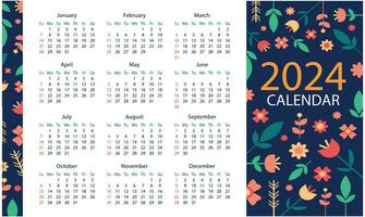 Calendar template for 2024. Flower pattern calendar. vector