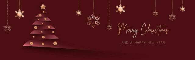 Red gold minimal Christmas banner design. Simple background, elegant geometric minimalistic style. Contemporary papercut luxury greeting backdrop with merry xmas letters for web and advertising. vector