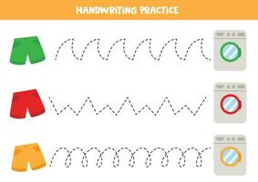 Tracing lines for kids.  Cute colorful shorts and washing machines. Handwriting practice. vector