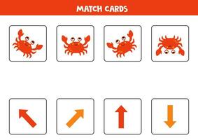 Left, right, up or down. Spatial orientation with cute red crab. vector