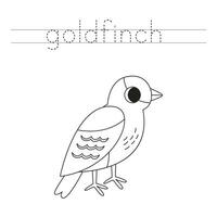 Trace the letters and color cartoon goldfinch bird. Handwriting practice for kids. vector