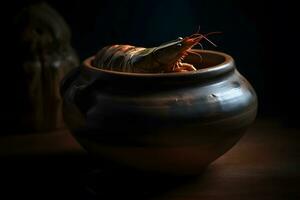 AI generated Delicious boiled crayfishes on black table, closeup. Neural network AI generated photo