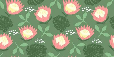 Seamless pattern with tropical exotic flowers and leaves. Abstract leaves of monstera, protea, simple plant shapes. Vector graphics.