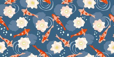 Seamless pattern with koi carp and lotus flowers, lily in water. Abstract multicolored natural print with fish. Vector graphics.