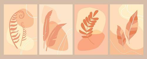 Set of horizontal posters with abstract leaves, lines, shapes. Silhouettes of tropical plants in trendy peach colors. Vector graphics.