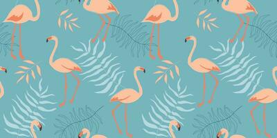 Seamless pattern with flamingos on a background of palm leaves. Delicate exotic animal print. Vector graphics.