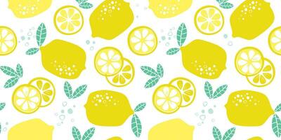 Seamless pattern with lemons, whole, slices. Fruit citrus print for textiles, kitchen, packaging. Vector graphics.