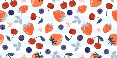 Seamless pattern with different fruits and berries. Abstract print with strawberries, blueberries, cherries. Vector graphics.