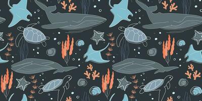 Seamless pattern with sea creatures, whales, fish, stingrays, turtles. Life in the depths of the ocean. Natural abstract print. Vector graphics.