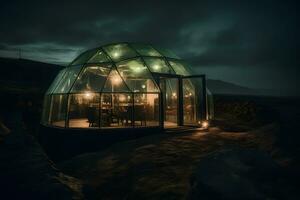 AI generated Romantic bar on the waterfront. Cozy dome-restaurant in nature. Neural network AI generated photo