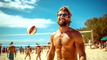 ai generado retrato de un hombre jugando vóleibol en el playa. joven adulto masculino sonrisas y es contento mientras jugando en el playa. playa ver a alrededor, día festivo, vacaciones concepto. generativo ai foto