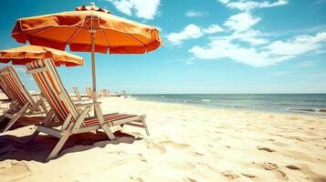 AI generated Portrait of beach chairs. Side view of lounge chairs with umbrella on the beach sand. Beach view at around, holiday, vacations concept. Generative AI photo