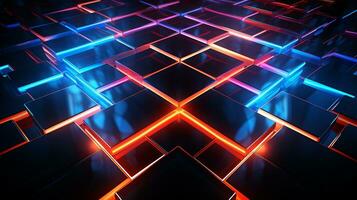 AI generated Abstract geometric neon lights on black background. Dynamic glowing neon lines over the dark color. Fast moving light effect, data transfer concept light. Generative AI photo
