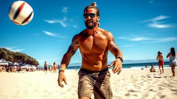 ai generado retrato de un hombre jugando vóleibol en el playa. joven adulto masculino sonrisas y es contento mientras jugando en el playa. playa ver a alrededor, día festivo, vacaciones concepto. generativo ai foto