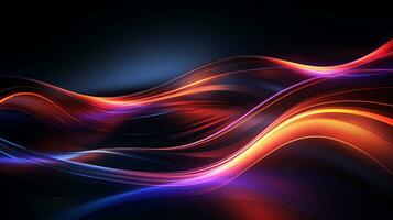 AI generated Abstract wavy neon lights on black background. Dynamic glowing neon lines over the dark color. Fast moving light effect, data transfer concept light. Generative AI photo