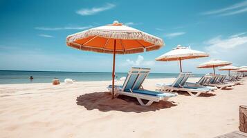 AI generated Portrait of beach chairs. Side view of lounge chairs with umbrella on the beach sand. Beach view at around, holiday, vacations concept. Generative AI photo
