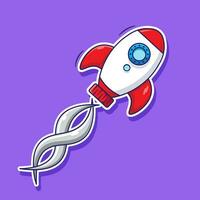 Flat cartoon vector flying rocket from earth to the moon with highest speed. science transportation technology element set