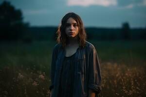 ai generado retrato de un hermosa niña en el noche en el campo. neural red ai generado foto