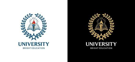 Higher education university emblem logo design using torch, book and paddy star symbols vector