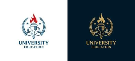 Higher education university emblem logo design using torch, book and pen symbol vector