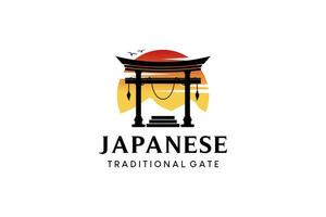 Japanese traditional torii gate logo design with sun and mountain background vector