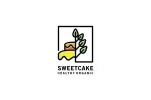 Sweet organic cake logo design with hand drawn line art style illustration, health food cake vector