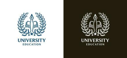 Higher education university emblem logo design using pen and book symbol line art style vector