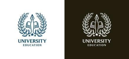 Higher education university emblem logo design using pen and book symbol line art style vector