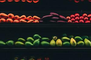 AI generated Supermarket showcase with wooden boxes of vegetables. Neural network AI generated photo