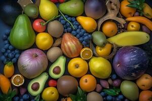 AI generated Many different fruits colorful background. Neural network AI generated photo