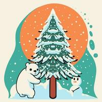 nieve, Navidad árbol y oso plano vector ilustración