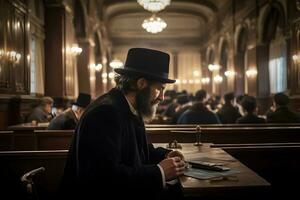 ai generado ortodoxo judío lee oraciones en el templo. neural red ai generado foto