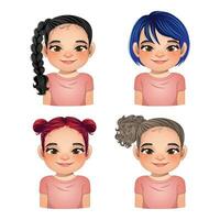 conjunto de peinado para chicas, muchachas caras, avatares, niño cabezas diferente color pelo vector