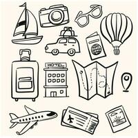 Travel icon collection concept with doodle line art style and elements on a cream background. vector