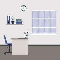 Office with desk, a shelf and a clock on the wall, as well as a large window. vector