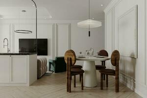 Rendering of a minimalist dining room, view of a studio apartment. photo